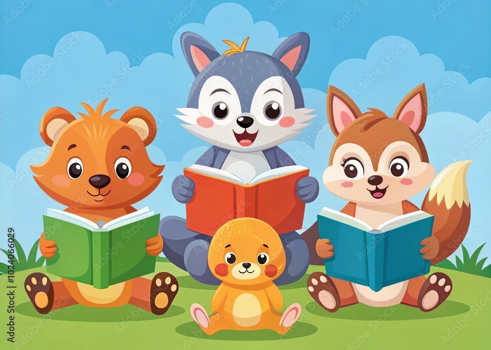 Naklejka premium Adorable Cartoon Animals Reading Books: Vector Illustration in Flat Style for Kids' Education and Fun Learning Themes