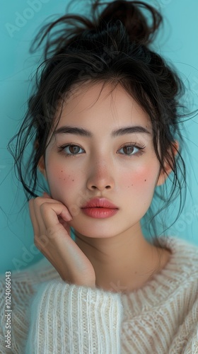 beauty, portrait, soft light, skincare, makeup, woman, close-up, casual, aesthetic, hand pose, hair, fashion, model, face, glamour, brunette, skin, person, one, sensual, people, closeup, lady, hairsty