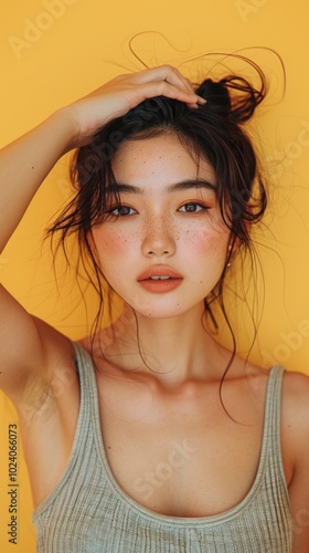 beauty, portrait, soft light, skincare, makeup, woman, close-up, casual, aesthetic, hand pose, hair, fashion, model, face, glamour, brunette, skin, person, one, sensual, people, closeup, lady, hairsty