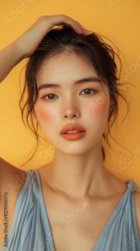 beauty, portrait, soft light, skincare, makeup, woman, close-up, casual, aesthetic, hand pose, hair, fashion, model, face, glamour, brunette, skin, person, one, sensual, people, closeup, lady, hairsty