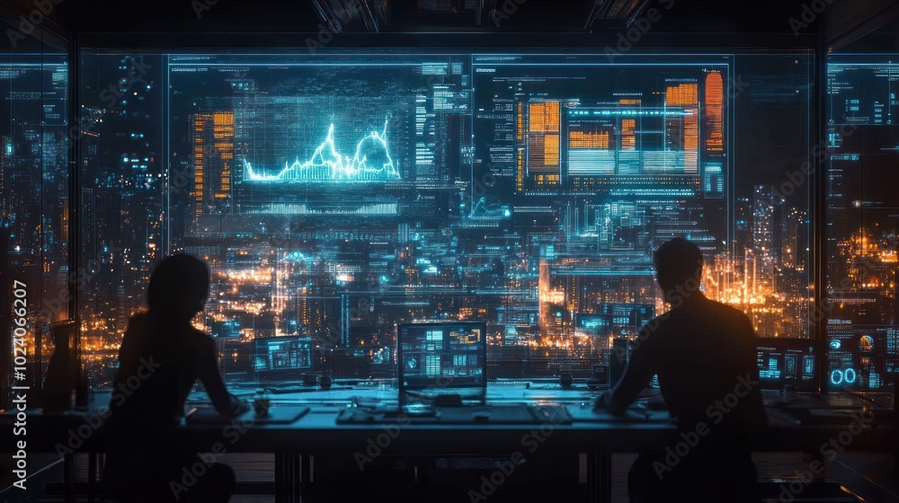 Two silhouettes of people working on computers in a futuristic office with large digital screens displaying data and a city skyline outside the window. Two silhouettes of people working on computers in a futuristic office with large digital screens displaying data and a city skyline outside the window.