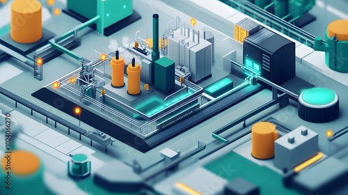 Isometric Illustration of a Futuristic Industrial Complex with Pipes and Cylinders