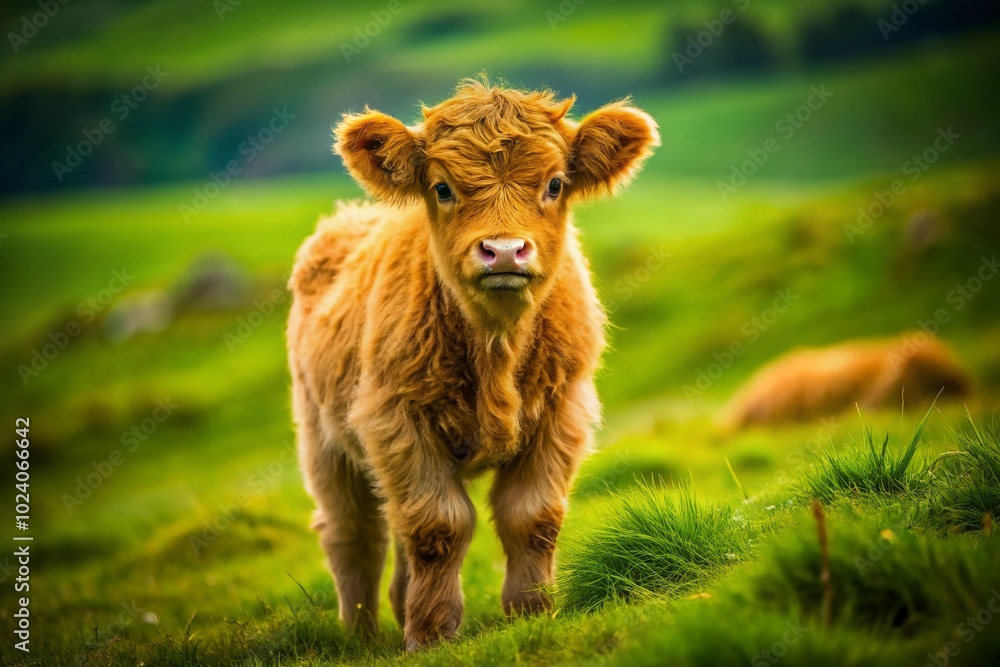 Fototapeta premium Adorable Tilt-Shift Capture of a Furry Scottish Highland Calf in Lush Green Pastures for Nature Lovers