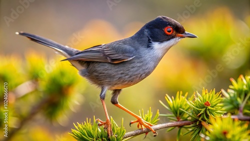 Adult male Canarian Sardinian Warbler leaps gracefully on a twig amidst the vibrant surroundings of Gran Canaria,