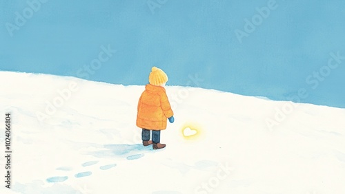 Child finding a glowing footprint in the snow, holiday mystery, magical discovery