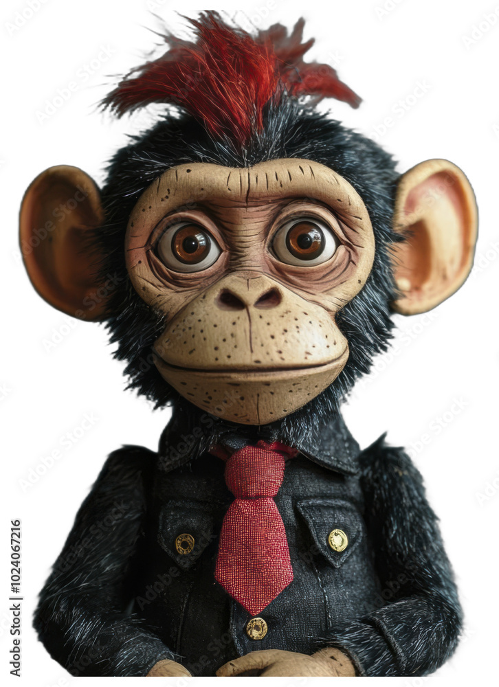 Obraz premium A playful monkey doll with a red mohawk and a red tie