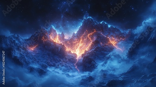 A fiery, glowing crack in the mountain with clouds and stars in the background.