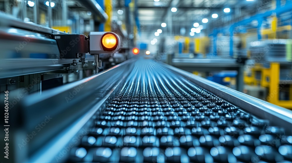 A conveyor belt with a yellow light on it A conveyor belt with a yellow light on it