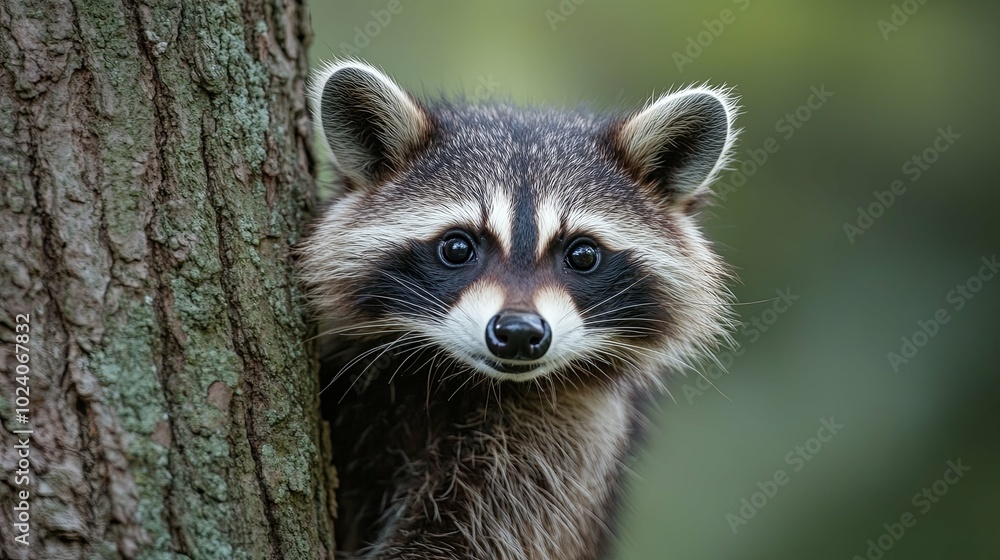 A baby raccoon is peeking out from behind a tree trunk A baby raccoon is peeking out from behind a tree trunk