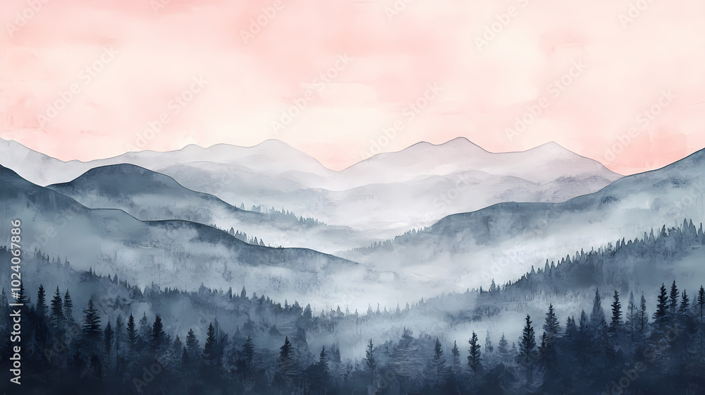 Obraz premium Misty mountain landscape at dawn with soft pink and gray hues reflecting the early morning light. Watercolor Landscape. Illustration