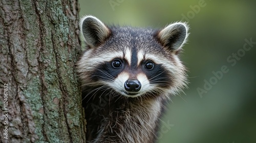 A baby raccoon is peeking out from behind a tree trunk