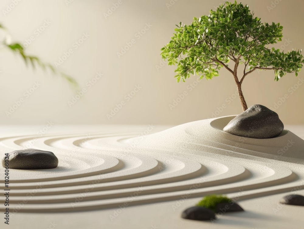 A tranquil zen garden featuring raked sand patterns, smooth stones, and a solitary bonsai tree creating a serene atmosphere for reflection
