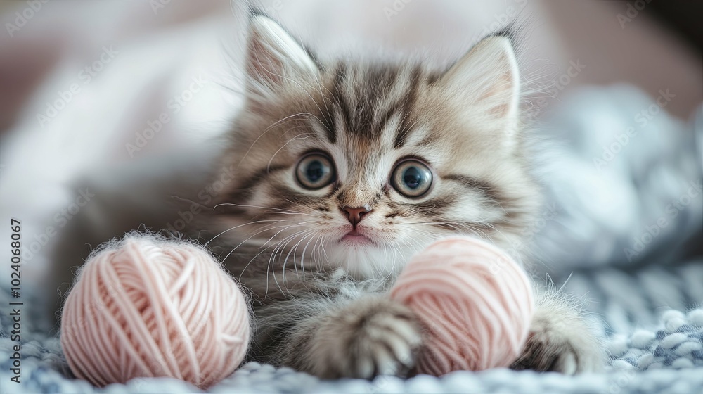 custom made wallpaper toronto digitalA kitten is playing with a ball of yarn. The kitten is looking at the camera with a curious expression