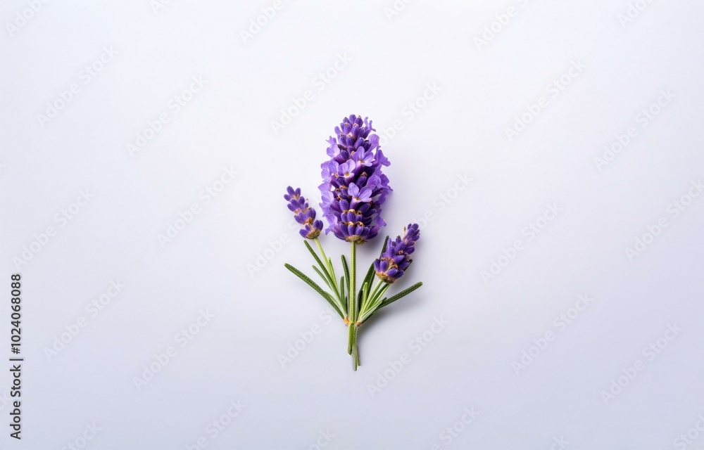 Fototapeta premium A sprig of lavender with purple blooms and green stems sits against a plain white background.