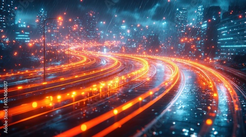 A futuristic cityscape at night with glowing lights and streaks of light from cars on a highway.