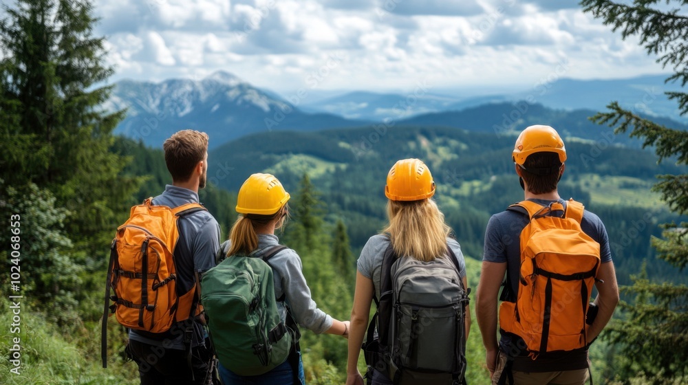 Group of Hikers Enjoying Scenic Mountain View Group of Hikers Enjoying Scenic Mountain View