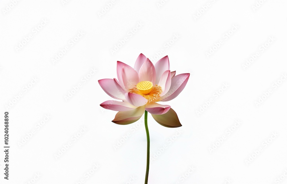 Fototapeta premium A pink lotus flower with yellow center on a plain white background.