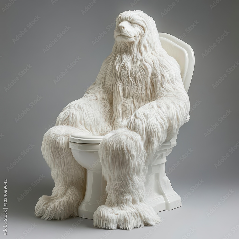 A furry creature sits on a toilet a whimsical sculpture A furry creature sits on a toilet a whimsical sculpture