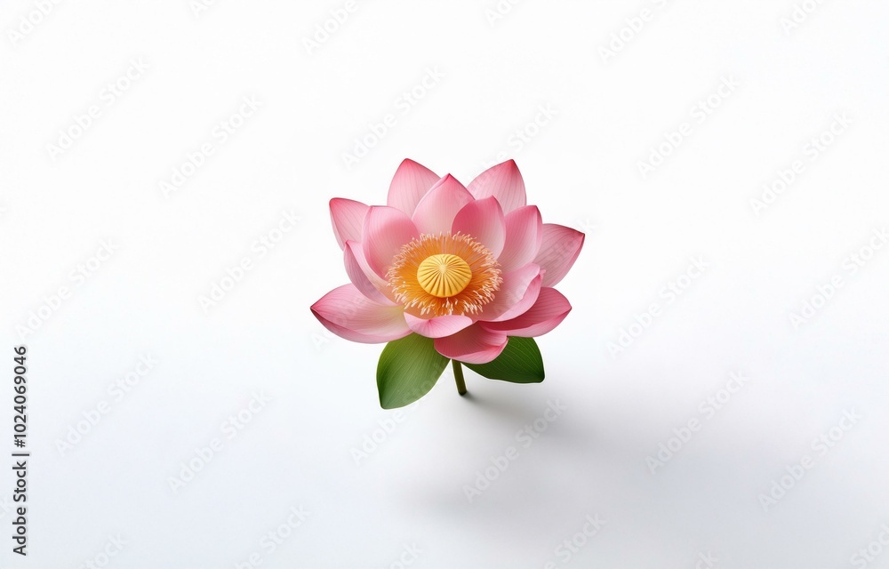 A single pink lotus flower with a yellow center is shown against a white background. A single pink lotus flower with a yellow center is shown against a white background.