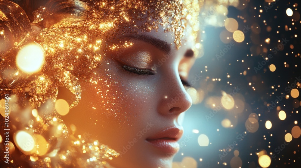 A golden-skinned woman in a glamorous outfit surrounded by sparkling lights in a mystical atmosphere during an enchanting evening A golden-skinned woman in a glamorous outfit surrounded by sparkling lights in a mystical atmosphere during an enchanting evening