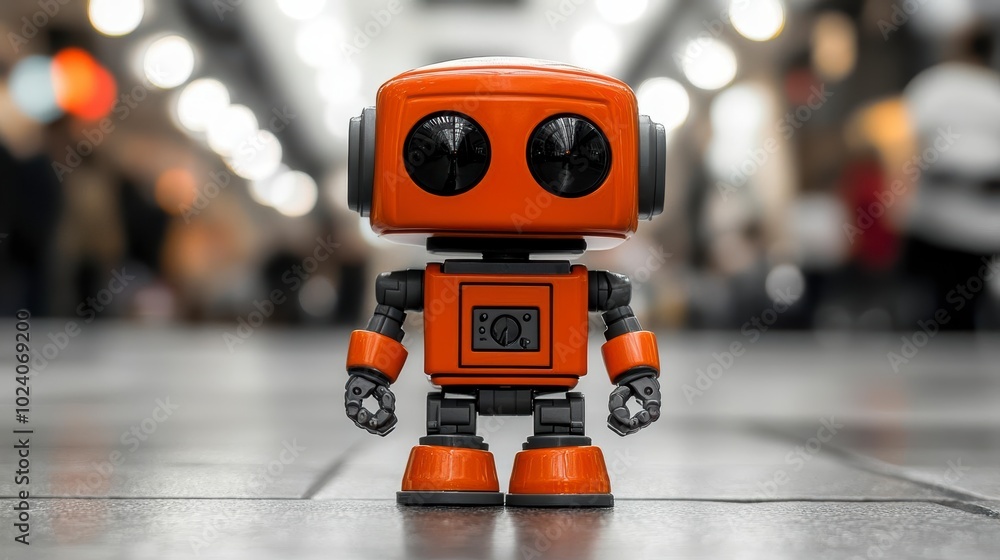 A small orange robot with black eyes and limbs stands on a tiled floor A small orange robot with black eyes and limbs stands on a tiled floor