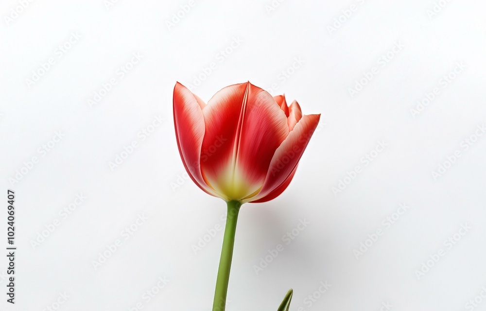 A single red tulip with white stripes blooms against a white background. A single red tulip with white stripes blooms against a white background.