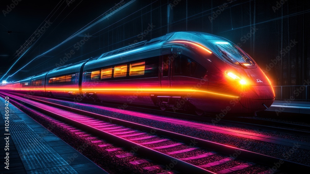 Naklejka premium A modern high-speed train with glowing lights streaks through a dark train station at night.