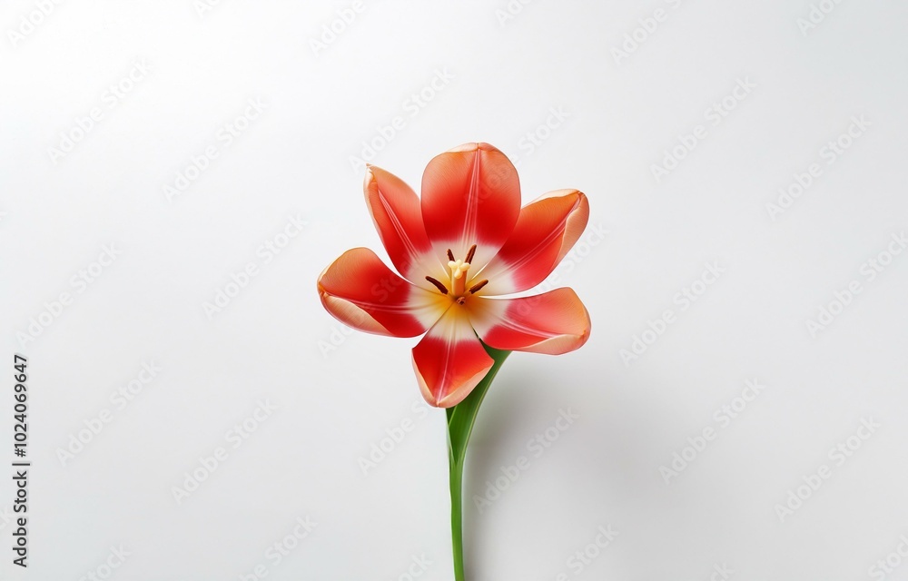 A single red and white tulip with a green stem on a white background. A single red and white tulip with a green stem on a white background.