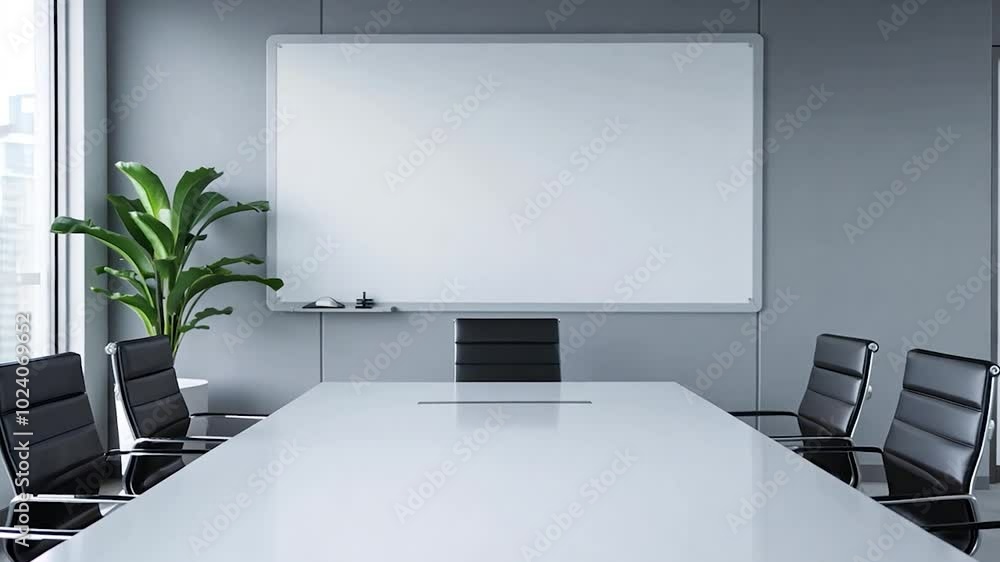 Modern Conference Room with Whiteboard and Black Chairs in a Bright Office Setting Modern Conference Room with Whiteboard and Black Chairs in a Bright Office Setting
