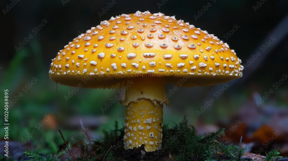 Fototapeta premium A vibrant yellow mushroom with white spots a captivating forest find