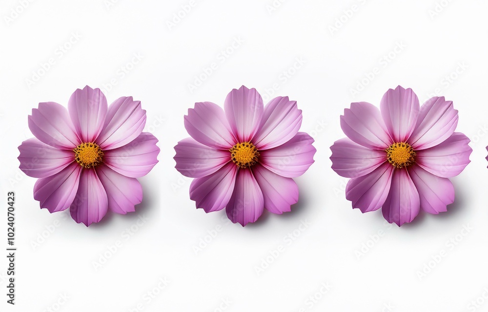Three pink flowers with yellow centers are arranged in a row against a white background. Three pink flowers with yellow centers are arranged in a row against a white background.