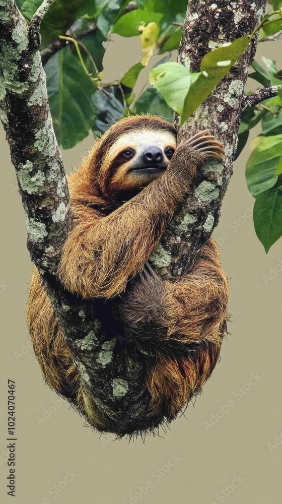 Naklejka premium A sloth hangs upside down from a tree branch