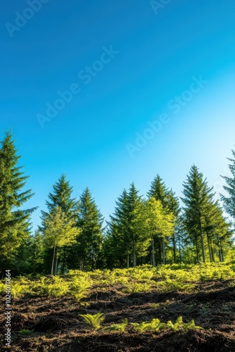 Lush Green Forest with Blue Sky and Ferns