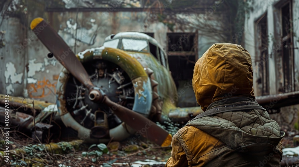 A Man Stands Before an Abandoned Airplane Wreck in the Woods A Man Stands Before an Abandoned Airplane Wreck in the Woods