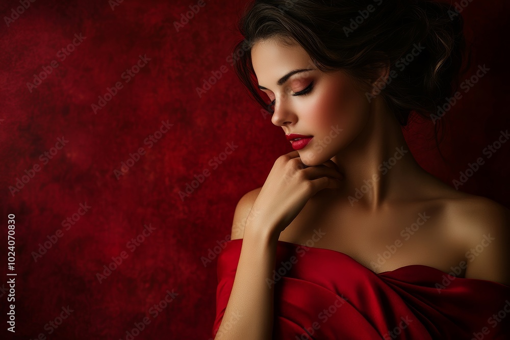 Elegant portrait of a woman in a red off-shoulder dress against a deep red background with soft lighting, showcasing graceful beauty Elegant portrait of a woman in a red off-shoulder dress against a deep red background with soft lighting, showcasing graceful beauty