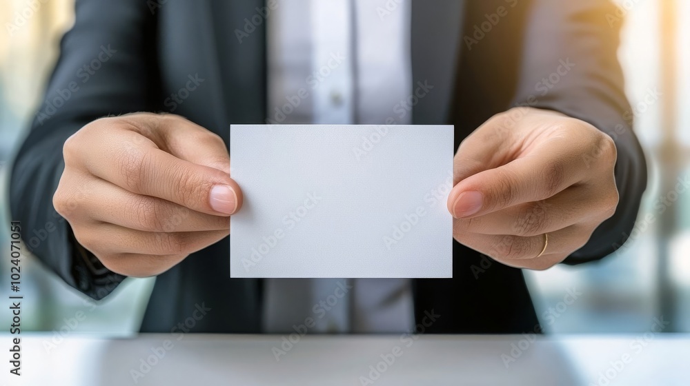Professional Hands Holding Blank Card in Office Setting Professional Hands Holding Blank Card in Office Setting