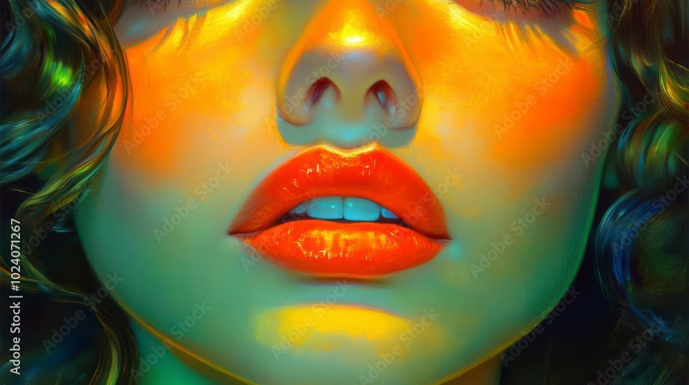 Close-up of a womans face with bright red lips Close-up of a womans face with bright red lips