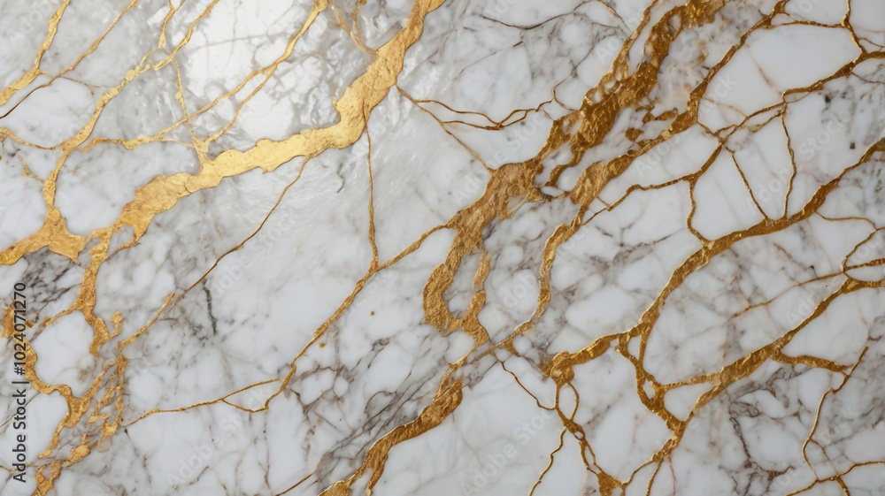 Fototapeta premium The striking marble surface showcases beautiful white stone intertwined with shimmering gold veins, perfect for upscale decor and artistic projects.