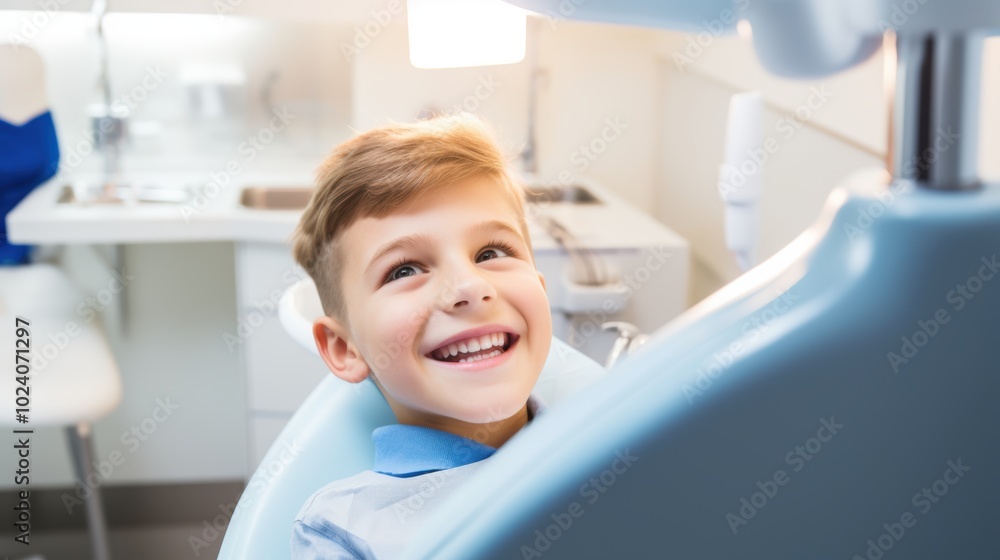 A cheerful young boy is happily smiling while sitting comfortably in a dental chair, making the experience more enjoyable for him A cheerful young boy is happily smiling while sitting comfortably in a dental chair, making the experience more enjoyable for him