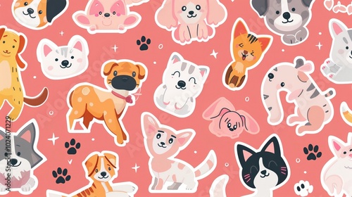 Pet products discount sticker with cute animal illustrations and playful fonts