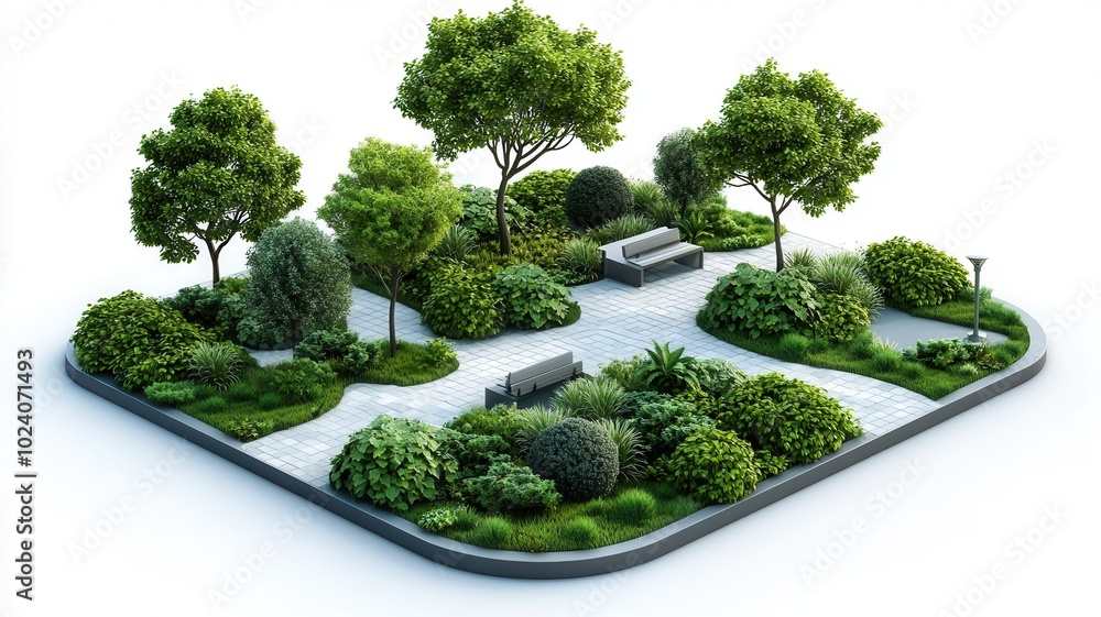 Urban Oasis: Flat Design 3D Model of Lush Green Rooftop Garden with Trees, Plants, and Benches for Environmental Assets Concept Urban Oasis: Flat Design 3D Model of Lush Green Rooftop Garden with Trees, Plants, and Benches for Environmental Assets Concept