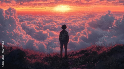A lone figure stands on a mountaintop gazing at a fiery sunset over endless clouds