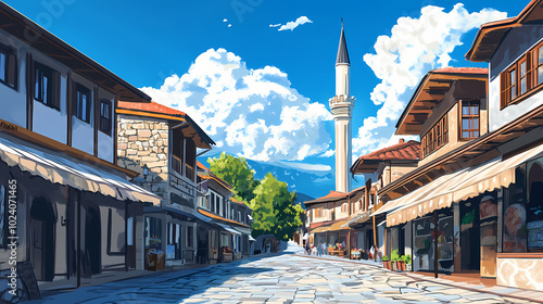 Ottoman old bazaar in korca, albania with blue cloudy sky , korca, albania, ottoman, old bazaar, architecture, historic. Ottoman Bazaar. Illustration photo