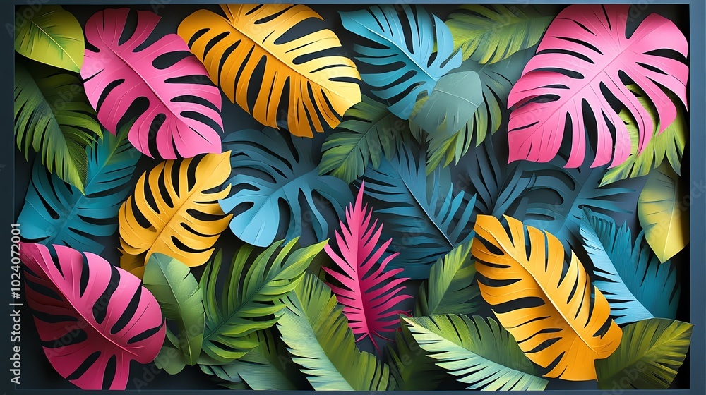 Paper cut tropical leaves in bold greens and pinks, forming a lively jungleinspired decoration, paper cut leaves, colorful botanical decor Paper cut tropical leaves in bold greens and pinks, forming a lively jungleinspired decoration, paper cut leaves, colorful botanical decor