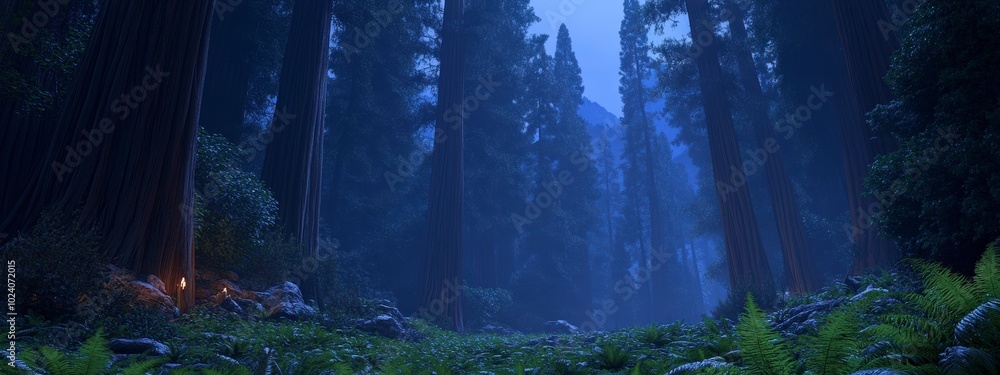 Obraz premium Serene forest at dusk with tall trees and soft lighting