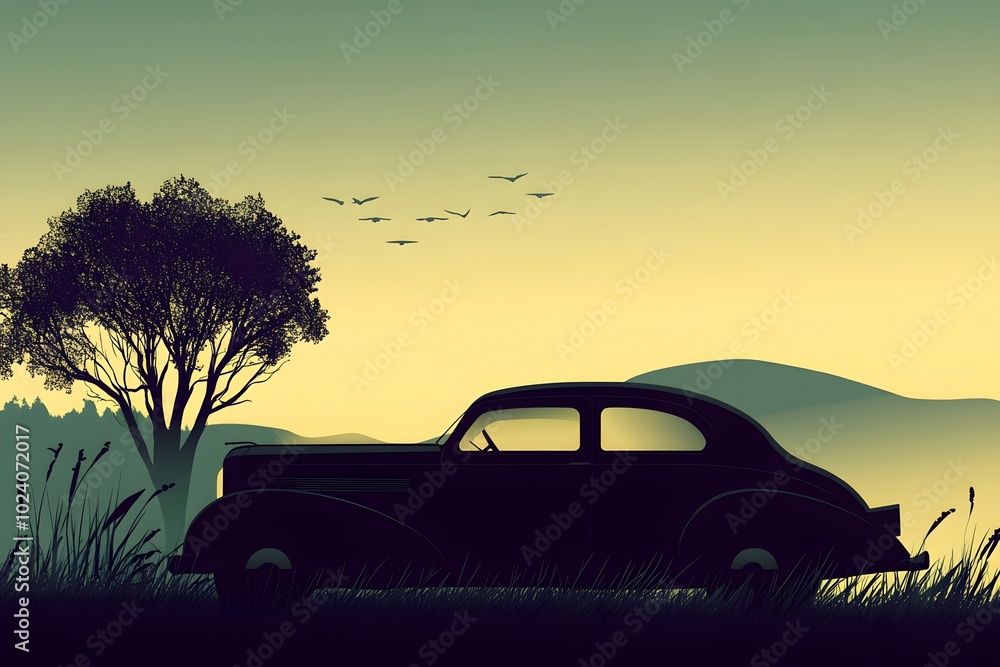 Fototapeta premium Silhouette of a Classic Car Parked in a Meadow at Sunset