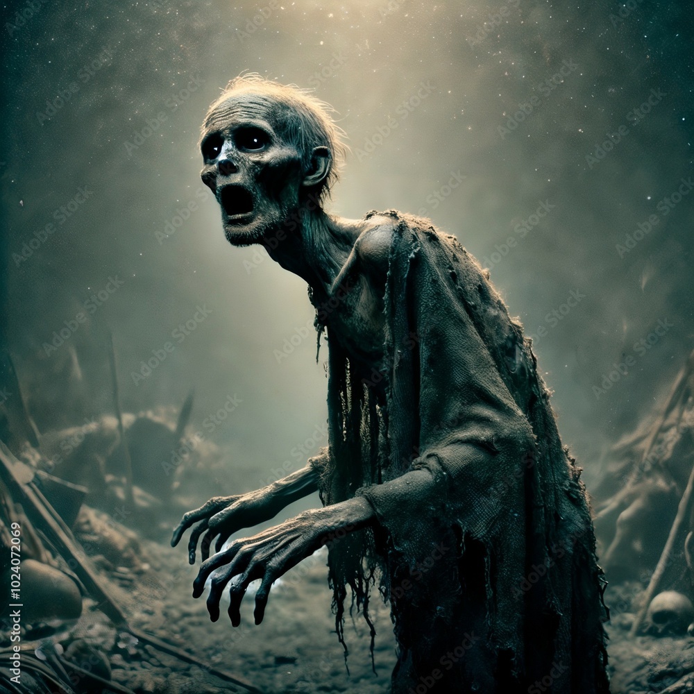 Fototapeta premium Emaciated Horror Figure in Desolate Landscape