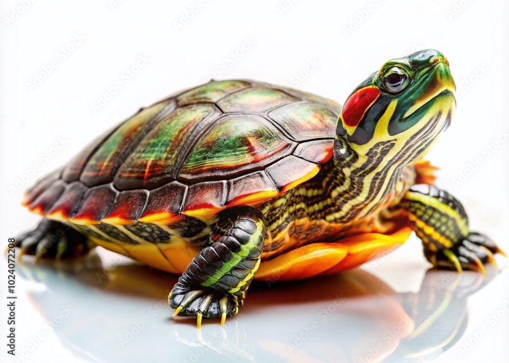 Obraz premium A striking conceptual photograph of a Cuora Amboinensis turtle showcases its unique features against a pristine minimalist white background,