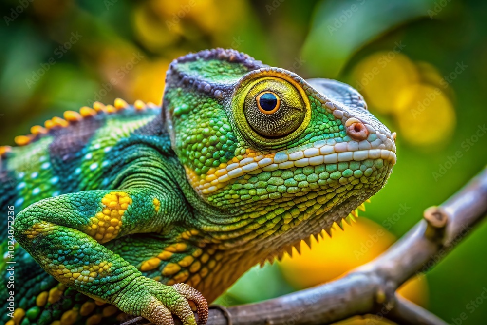 Fototapeta premium A striking green and yellow chameleon perched on a tree branch, showcasing nature's vibrant colors and unique textures, offering a captivating