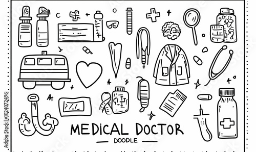 A hand drawn doodle set of medical and doctor elements, including ambulance, stethoscope, pills, syringe, lab coat, bandage, heart, magnifying glass and more.